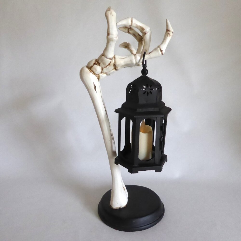 NEW 16” GOTHIC HALLOWEEN SKELETON ARM HOLDING METAL LANTERN CANDLE SCULPTURE